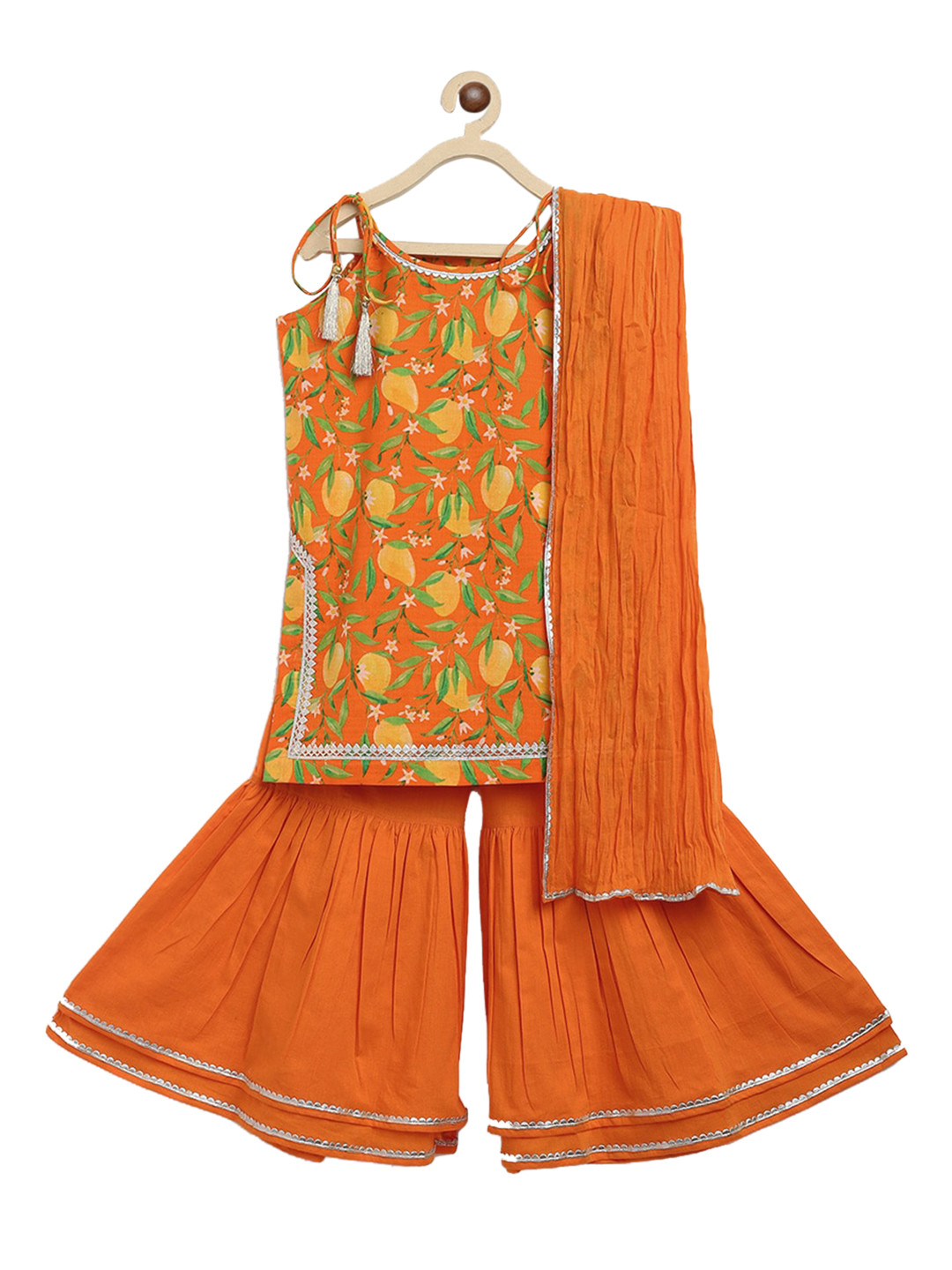 

Tiber Taber Girls Orange Mango Printed Pure Cotton Kurti with Sharara & Dupatta