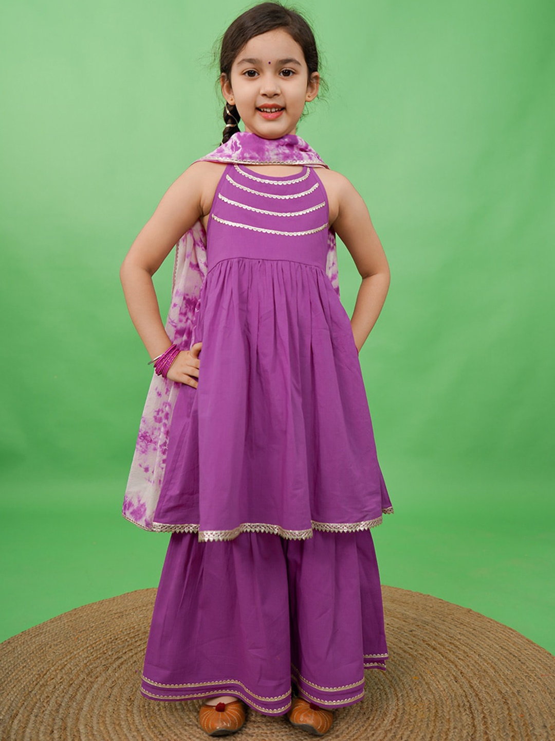 

Tiber Taber Girls Purple Striped Pleated Gotta Patti Pure Cotton Kurti with Sharara & With Dupatta