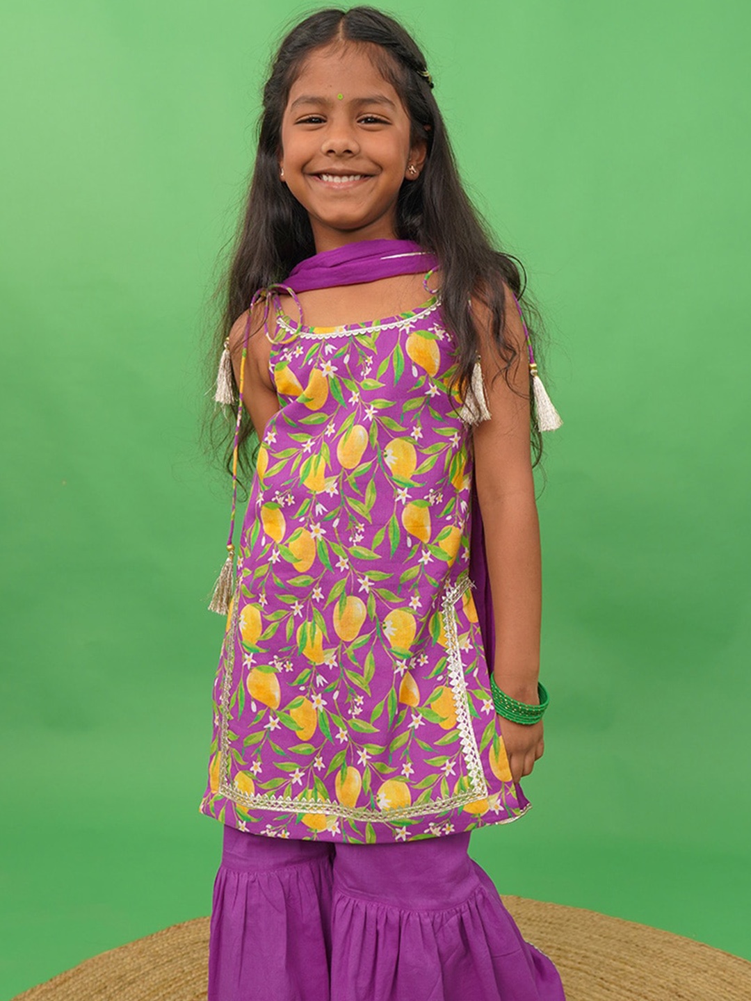 

Tiber Taber Girls Purple Floral Printed Pure Cotton Kurti with Sharara & With Dupatta