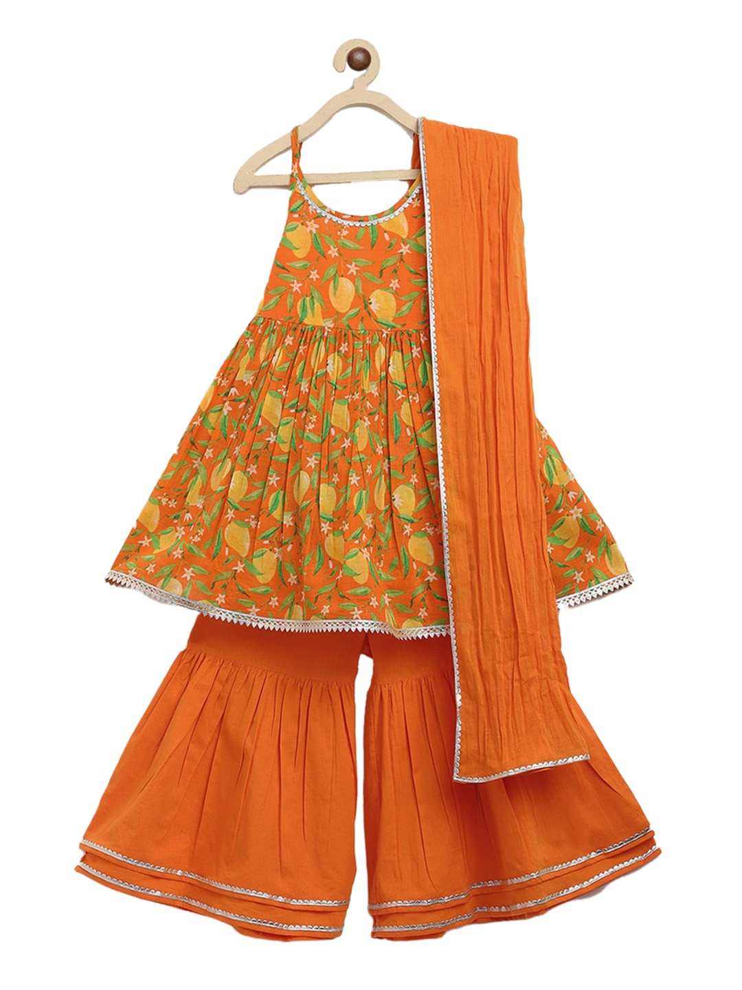 

Tiber Taber Girls Orange Floral Printed Pleated Pure Cotton Kurti with Sharara & With Dupatta