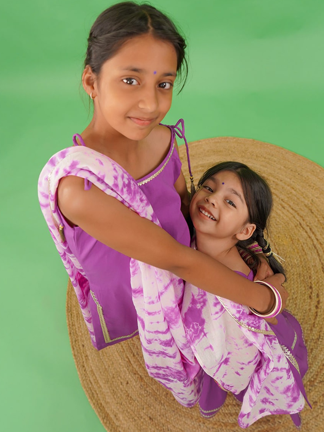 

Tiber Taber Girls Purple Yoke Design Pure Cotton Kurti with Sharara & With Dupatta