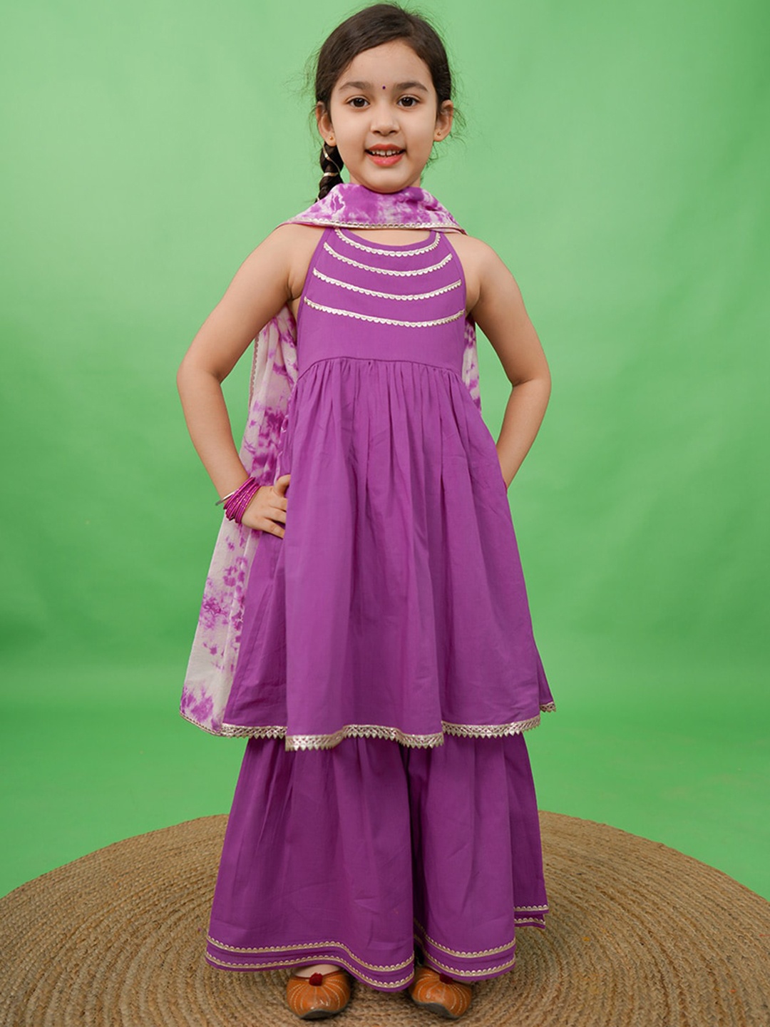 

Tiber Taber Girls Purple Empire Sequinned Pure Cotton Kurti with Sharara & With Dupatta