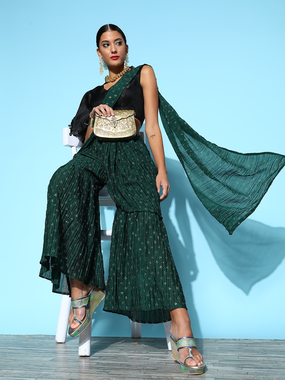 

Tikhi Imli Bottle Green Mukaish Poly Georgette Ready to Wear Sharara Saree