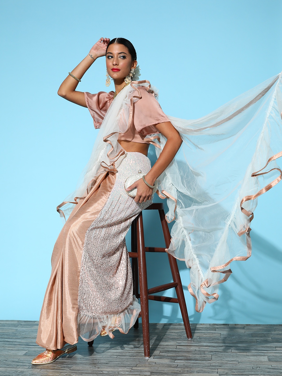 

Tikhi Imli Cream-Coloured Sequinned Net Ruffle Saree