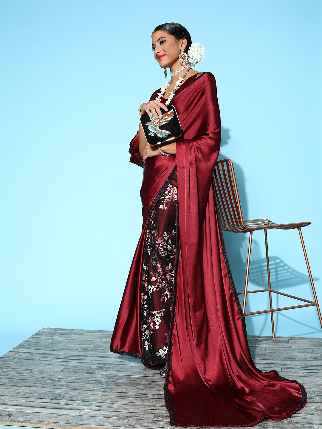 

Tikhi Imli Burgundy Satin Sequinned Half and Half Saree