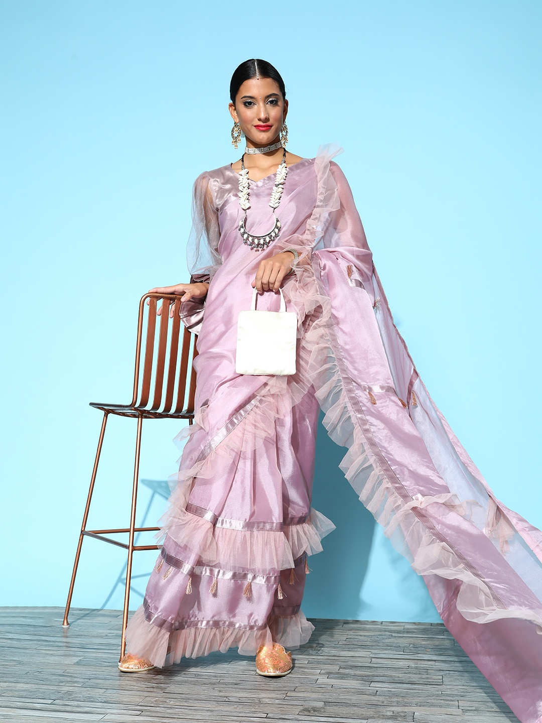 Tikhi Imli Pink Organza Ruffled Saree with Tassles