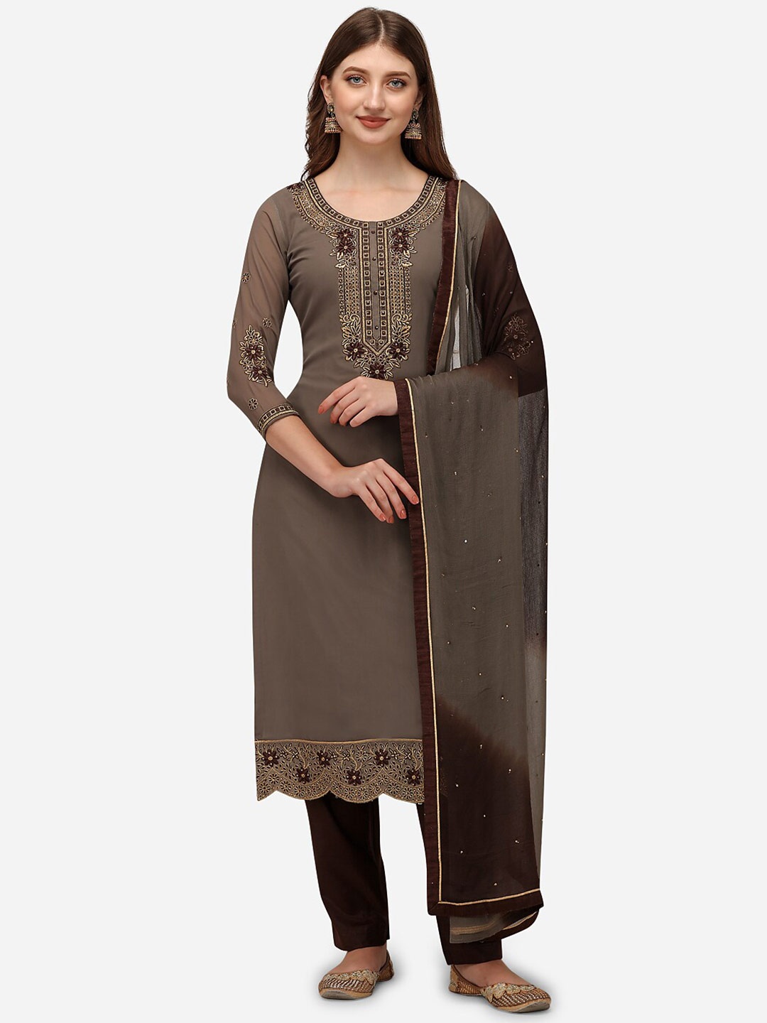 

Sarvayog Fashion Grey & Brown Embroidered Unstitched Dress Material