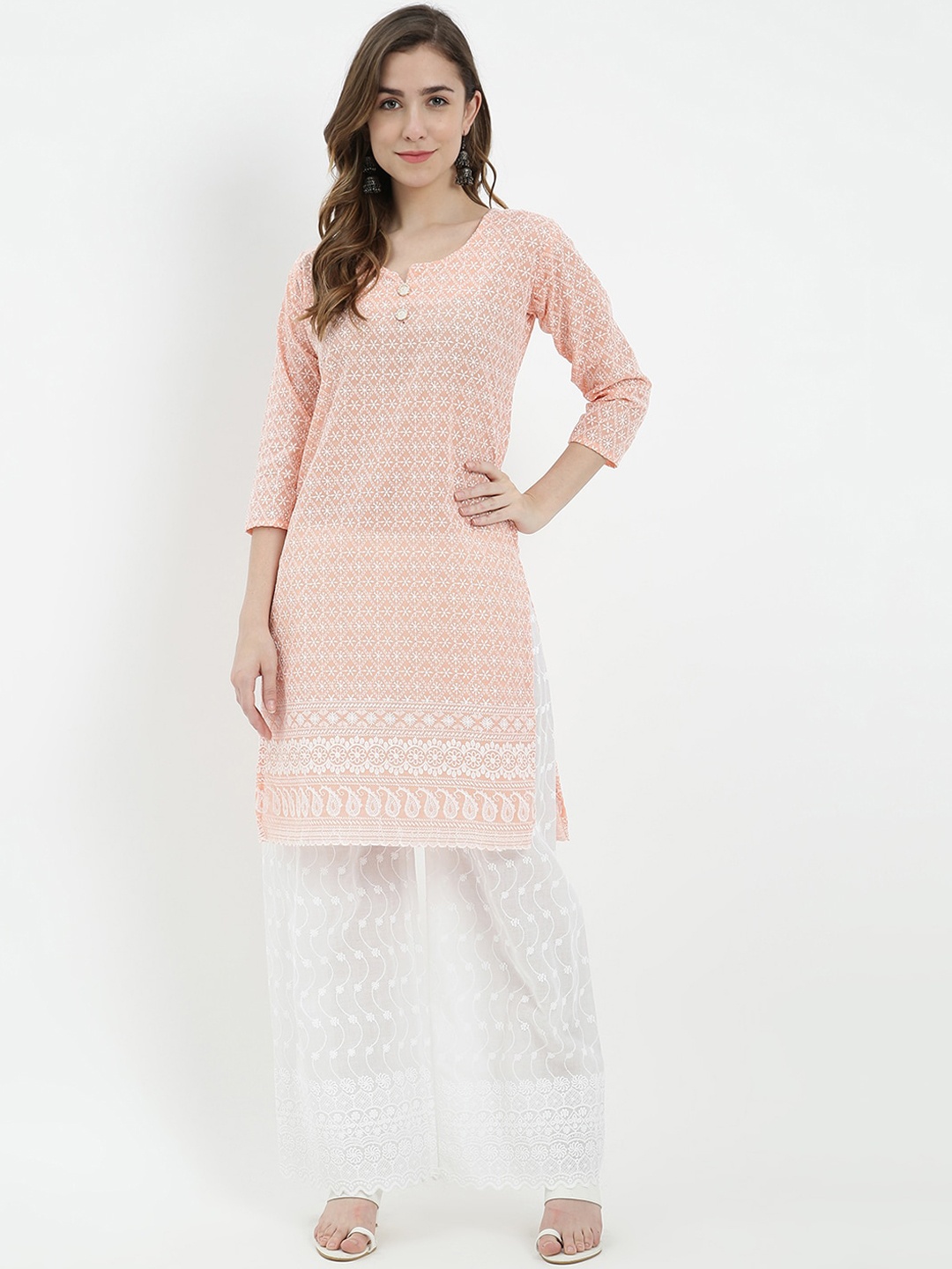 

V2 Value & Variety Women Peach-Coloured Embroidered Kurti with Palazzo