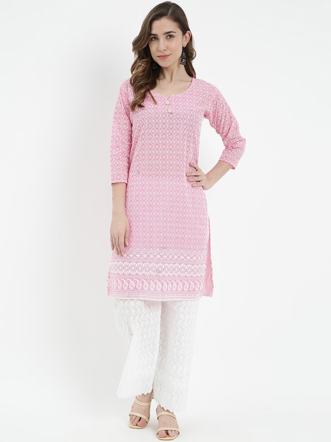 

V2 Value & Variety Women Pink Floral Embroidered Layered Kurti with Trousers