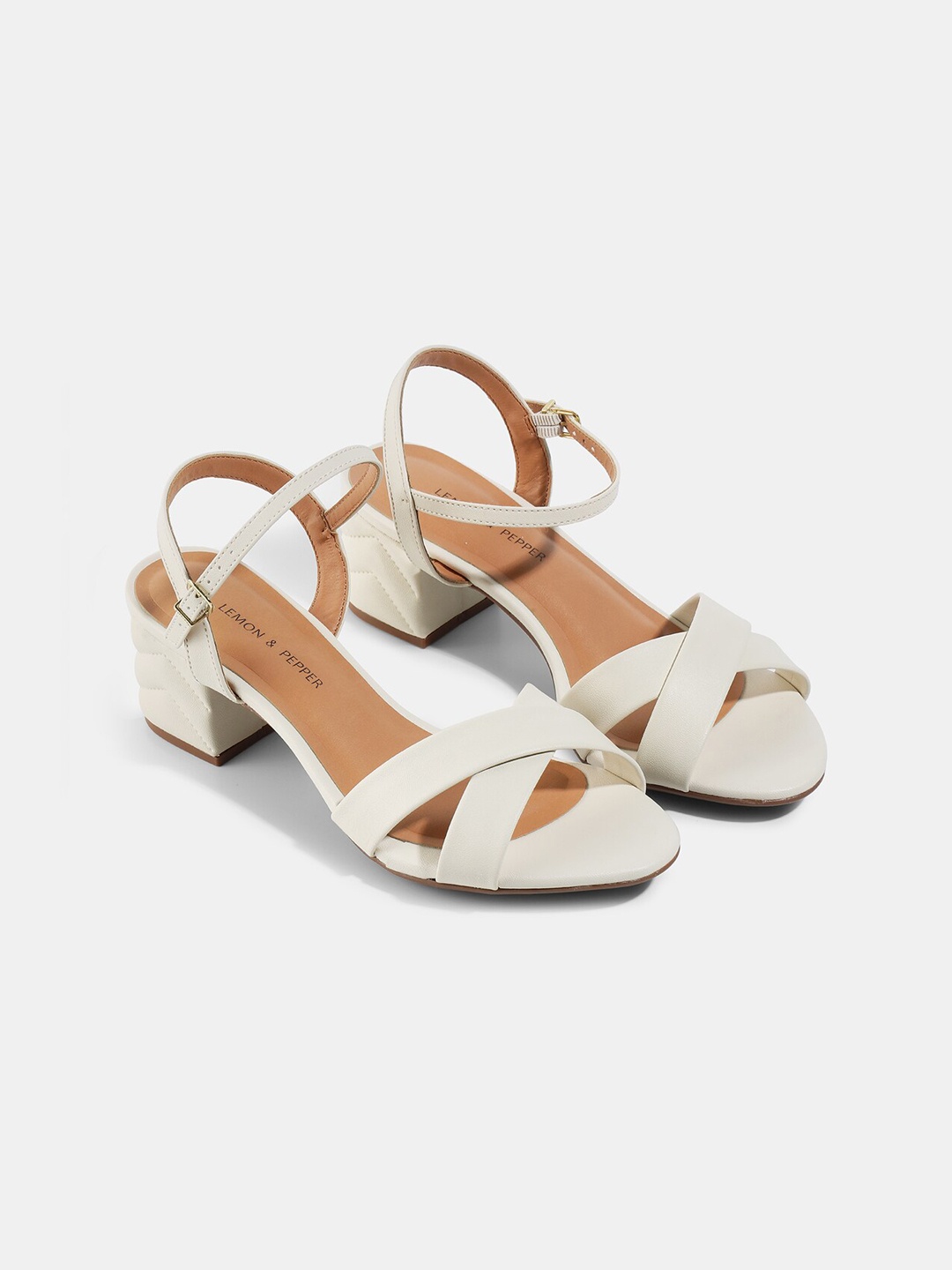 

LEMON & PEPPER Off White PU Block Sandals with Buckles
