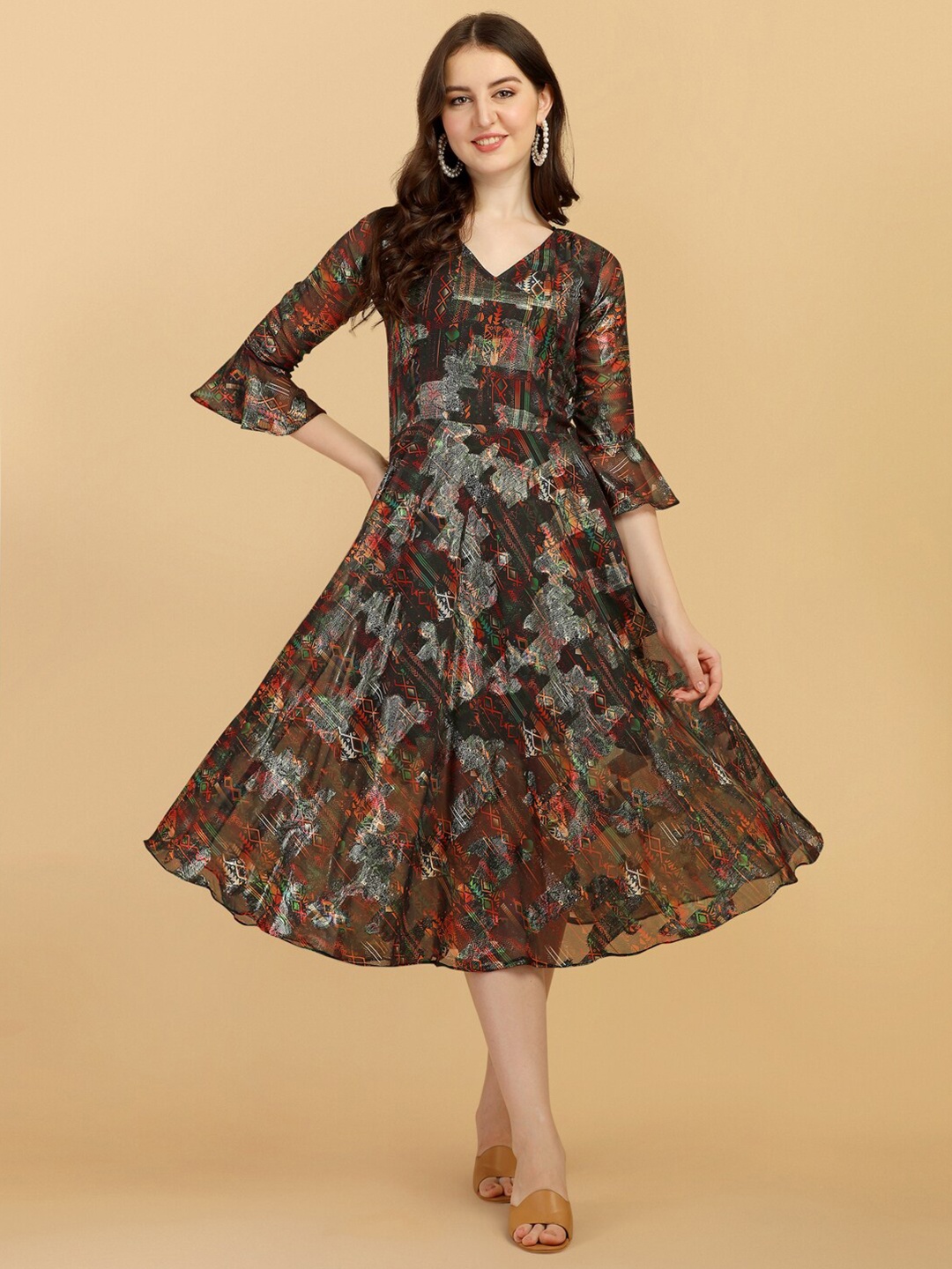 

Vidraa Western Store Multicoloured Floral Off-Shoulder Jacquard Midi Dress, Multi
