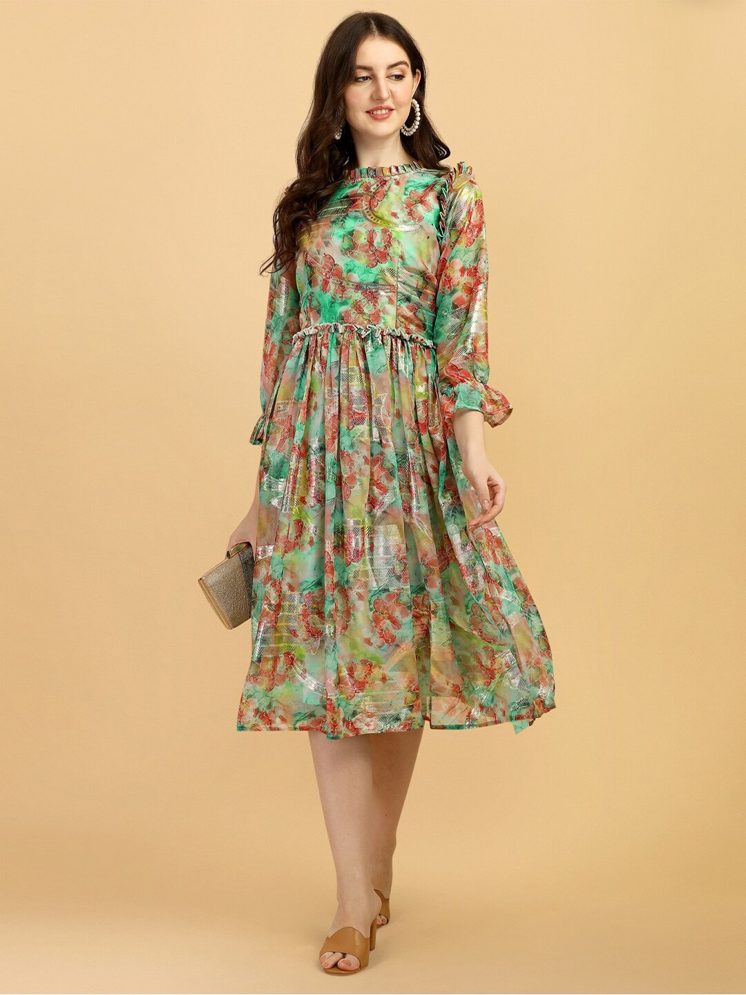 

Vidraa Western Store Yellow & Green Floral Jacquard A-Line Midi Dress