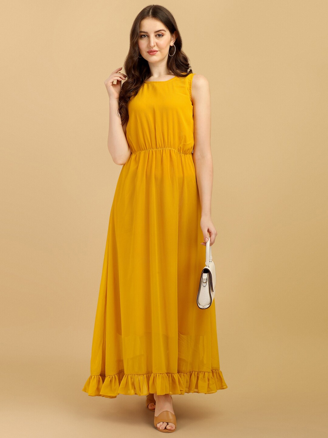 

Vidraa Western Store Mustard Yellow Georgette Maxi Dress
