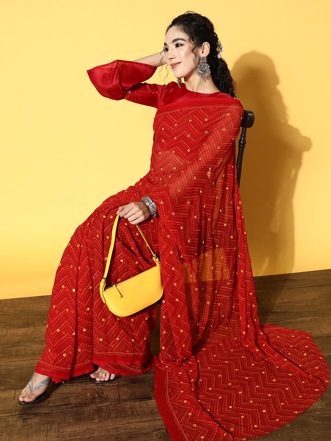 

Tikhi Imli Red Bandhani Mirror Work Saree