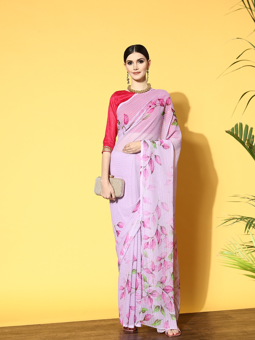 

Tikhi Imli Pink Floral Printed Poly Georgette Saree