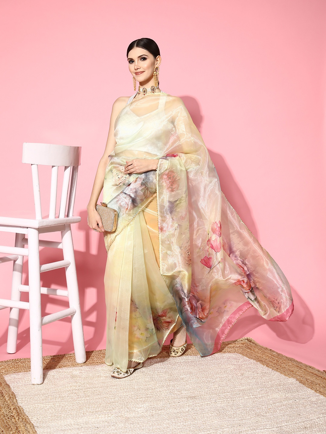 

Tikhi Imli Beige & Pink Floral Organza Saree