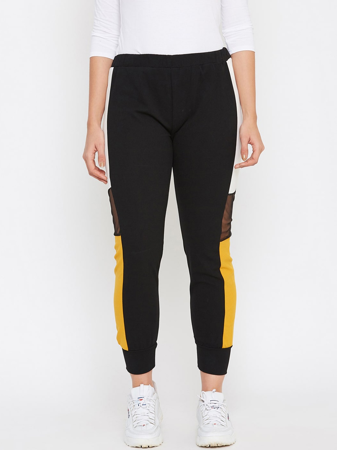 

Anaghakart Women Black Yellow Solid Slim-Fit Track Pants