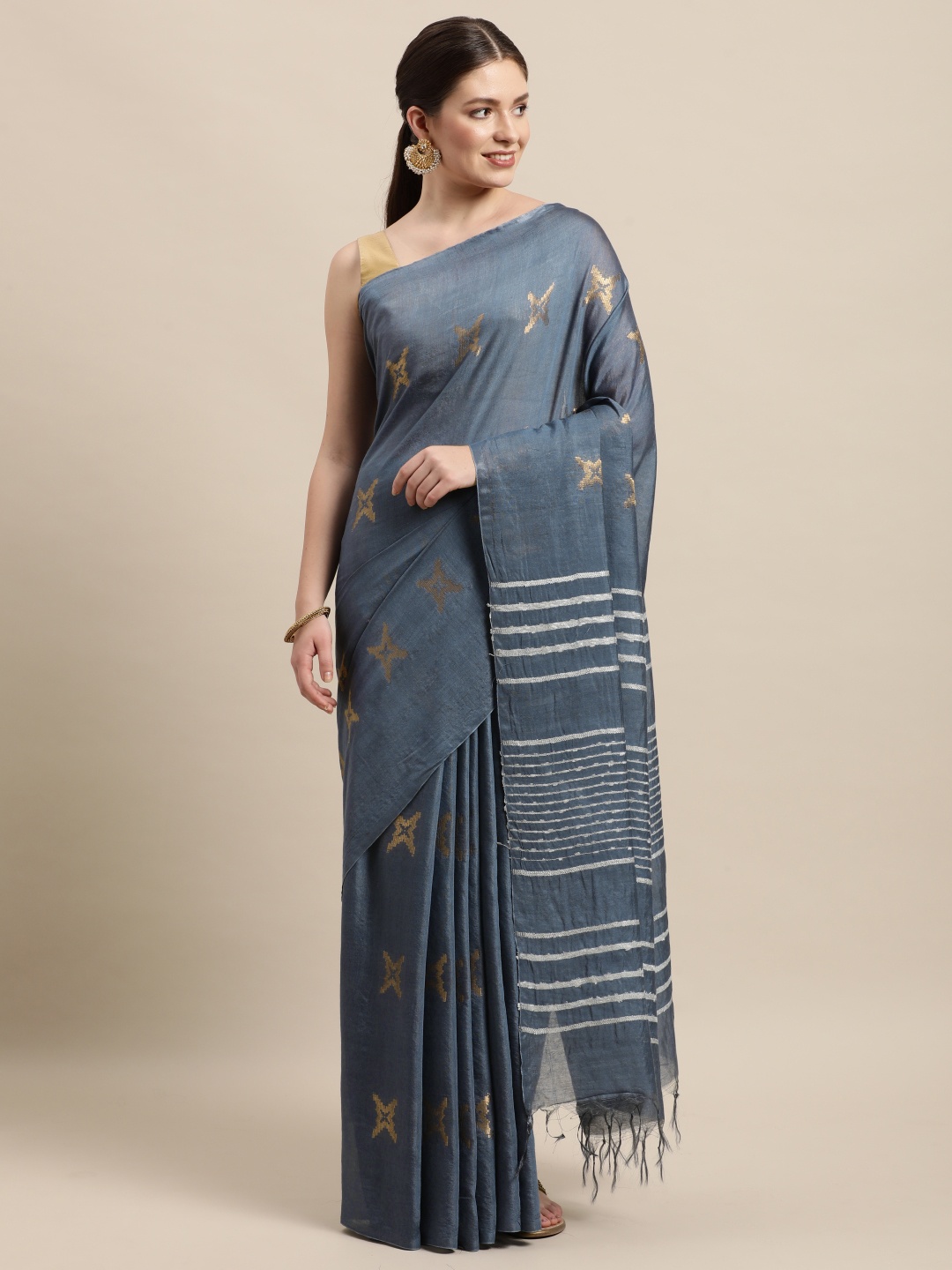 

swatika Grey & Gold-Toned Ethnic Motifs Zari Silk Blend Muga Saree