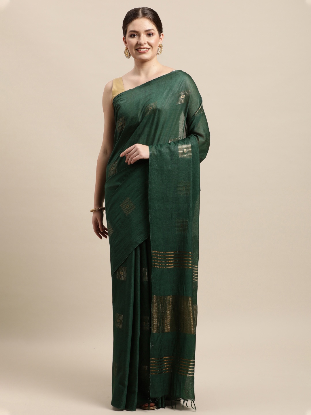 

swatika Green & Gold-Toned Ethnic Motifs Zari Silk Blend Muga Saree