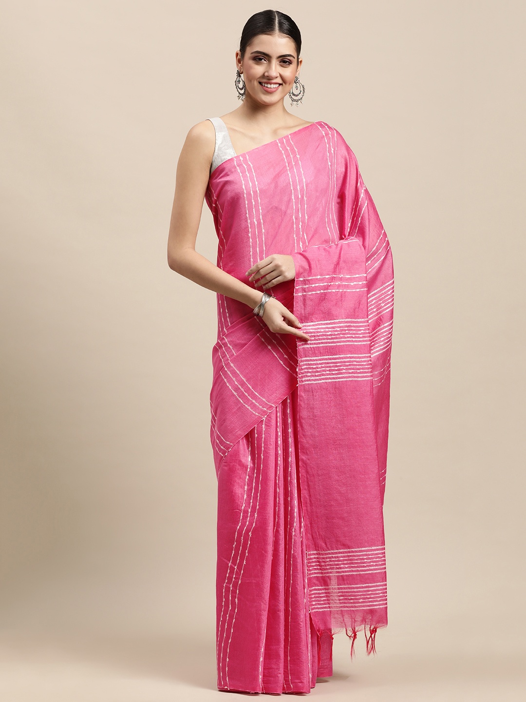 

swatika Pink Striped Silk Blend Muga Saree