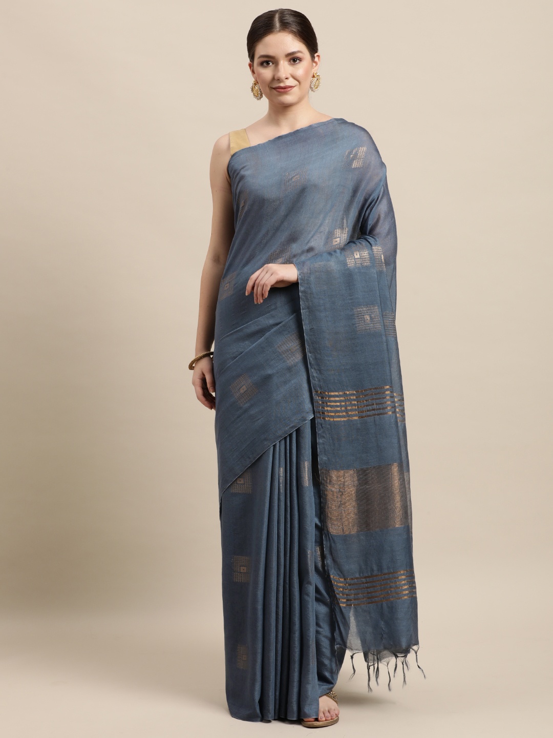

swatika Grey & Gold-Toned Zari Silk Blend Muga Saree