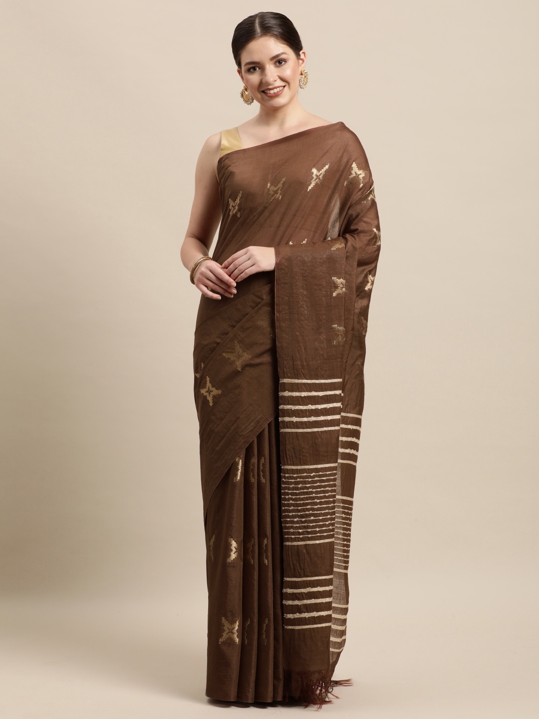 

swatika Brown & Gold-Toned Ethnic Motifs Zari Silk Blend Muga Saree