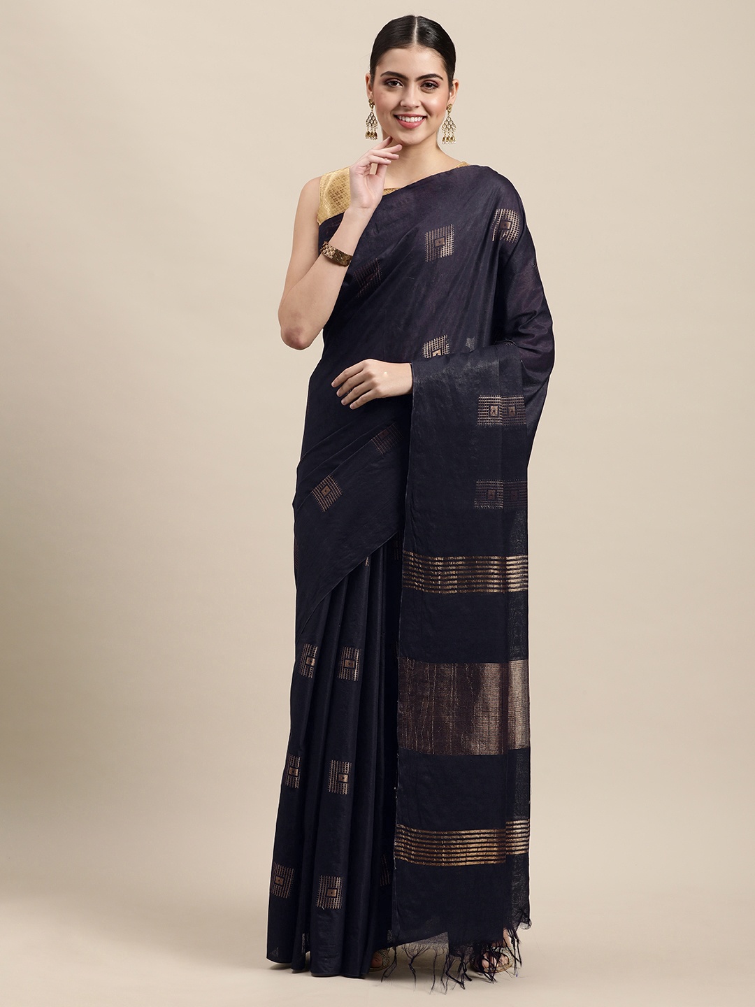 

swatika Blue & Gold-Toned Zari Silk Blend Muga Saree