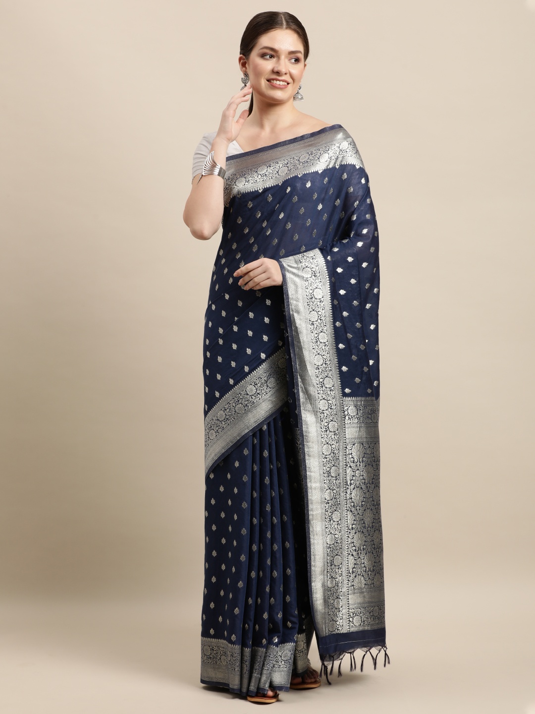 

swatika Navy Blue & Silver-Toned Zari Woven Banarasi Saree