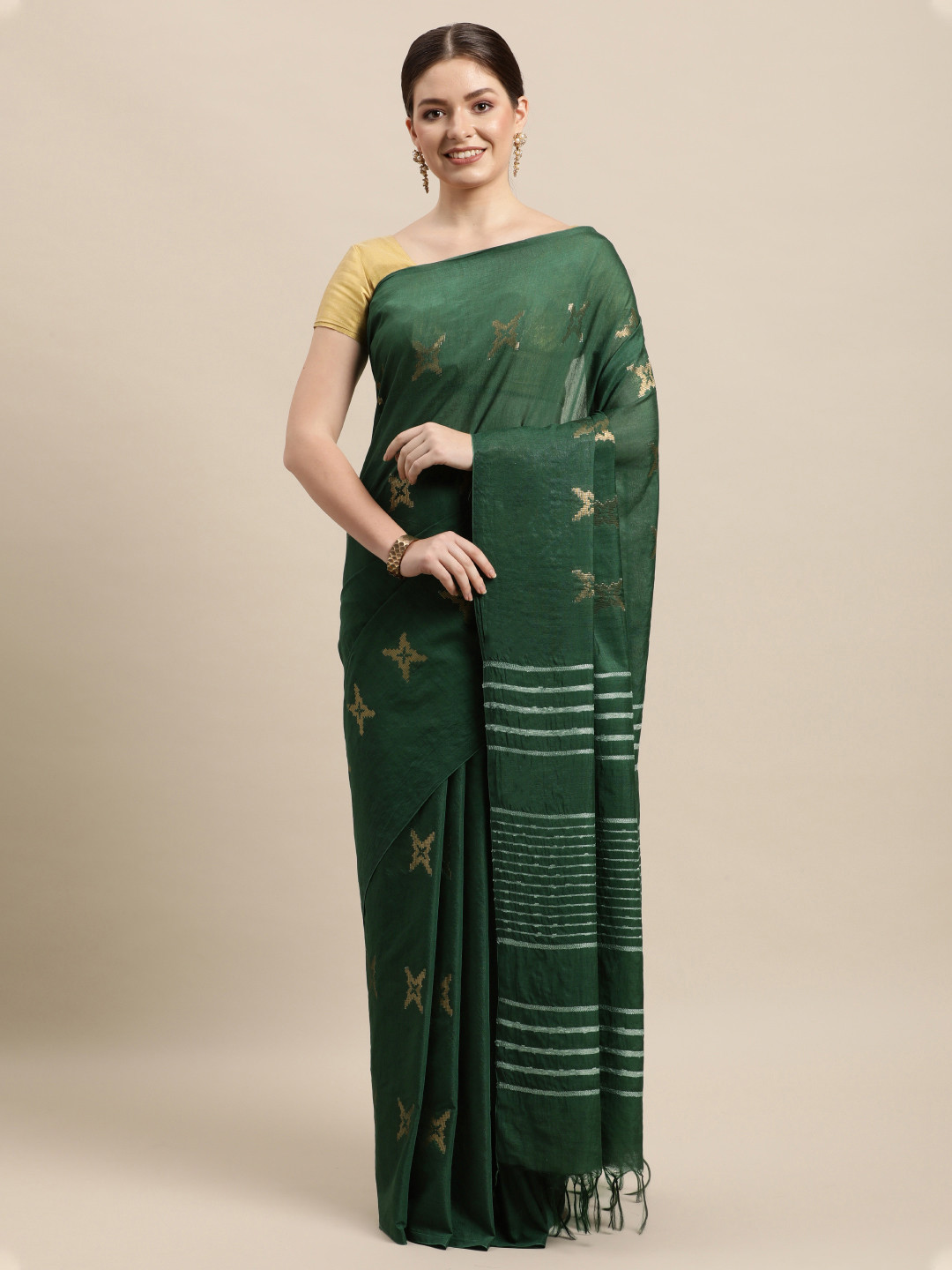

swatika Green & Gold-Toned Ethnic Motifs Zari Silk Blend Muga Saree