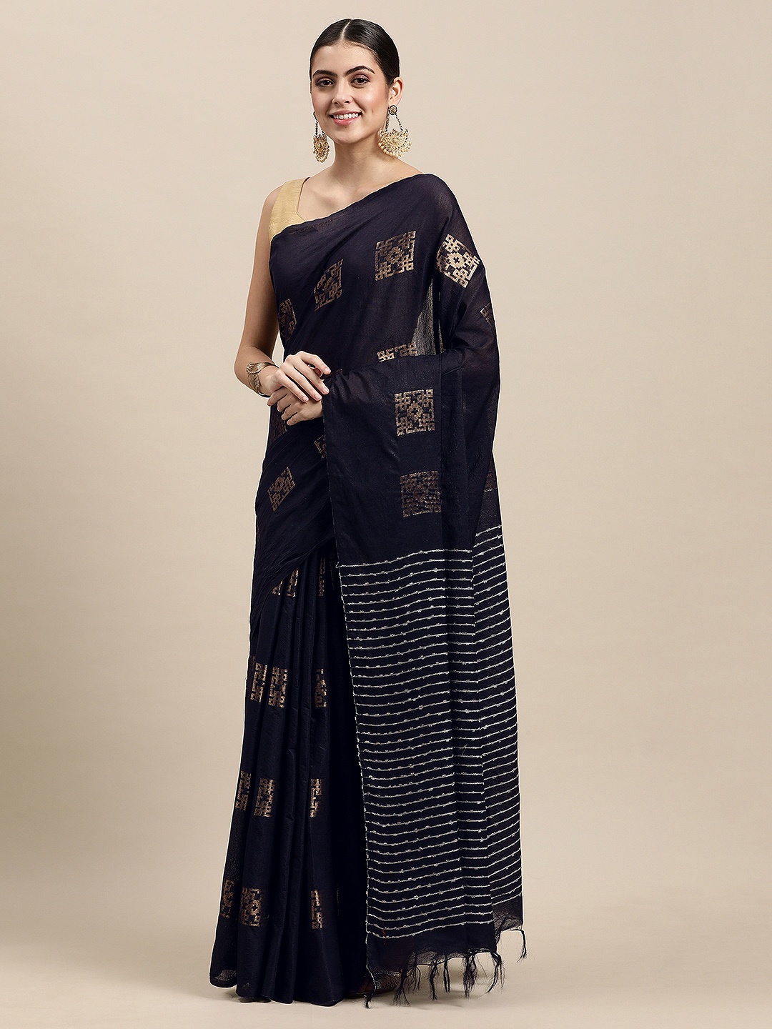 

swatika Navy Blue & Gold-Toned Ethnic Motifs Zari Silk Blend Muga Saree