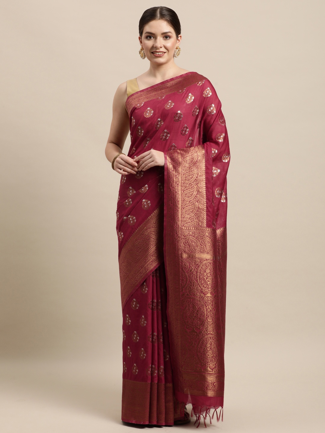 

swatika Maroon & Gold-Toned Ethnic Motifs Zari Banarasi Saree