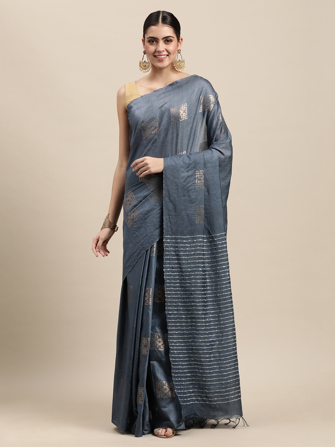 

swatika Grey & Gold-Toned Zari Silk Blend Muga Saree
