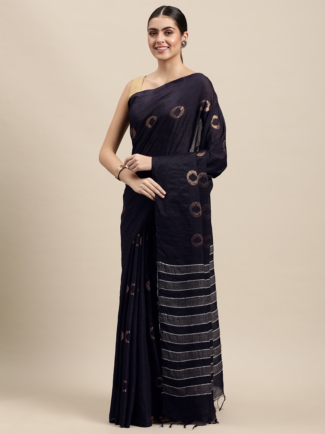 

swatika Navy Blue & Golden Woven Design Zari Silk Blend Muga Saree