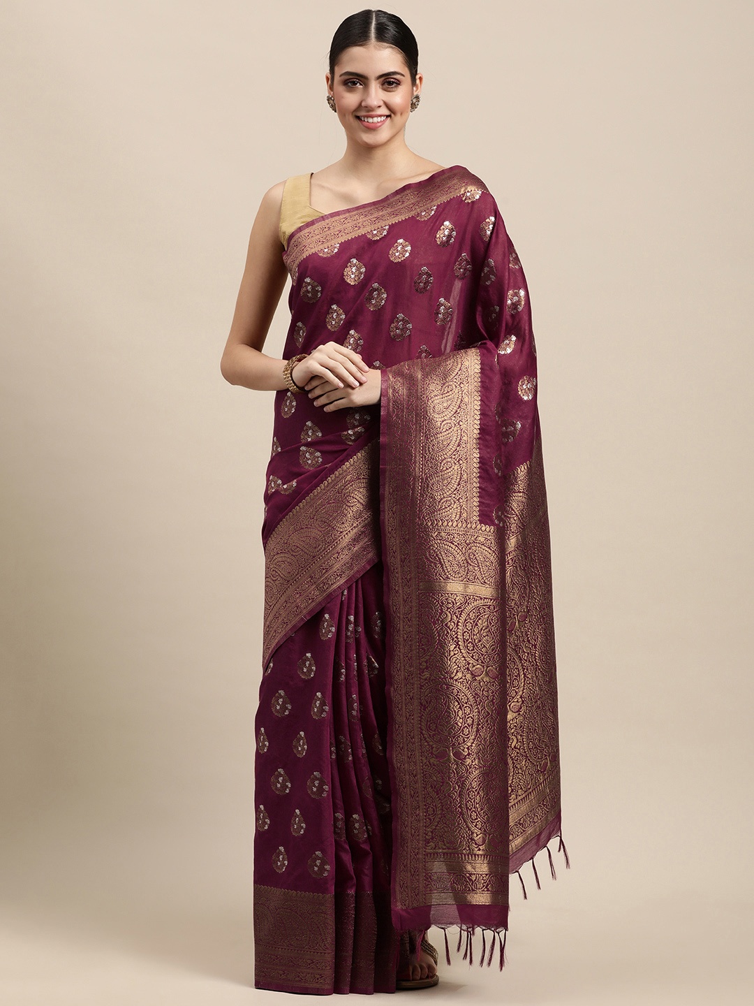 

swatika Purple & Golden Ethnic Motifs Zari Liva Banarasi Saree