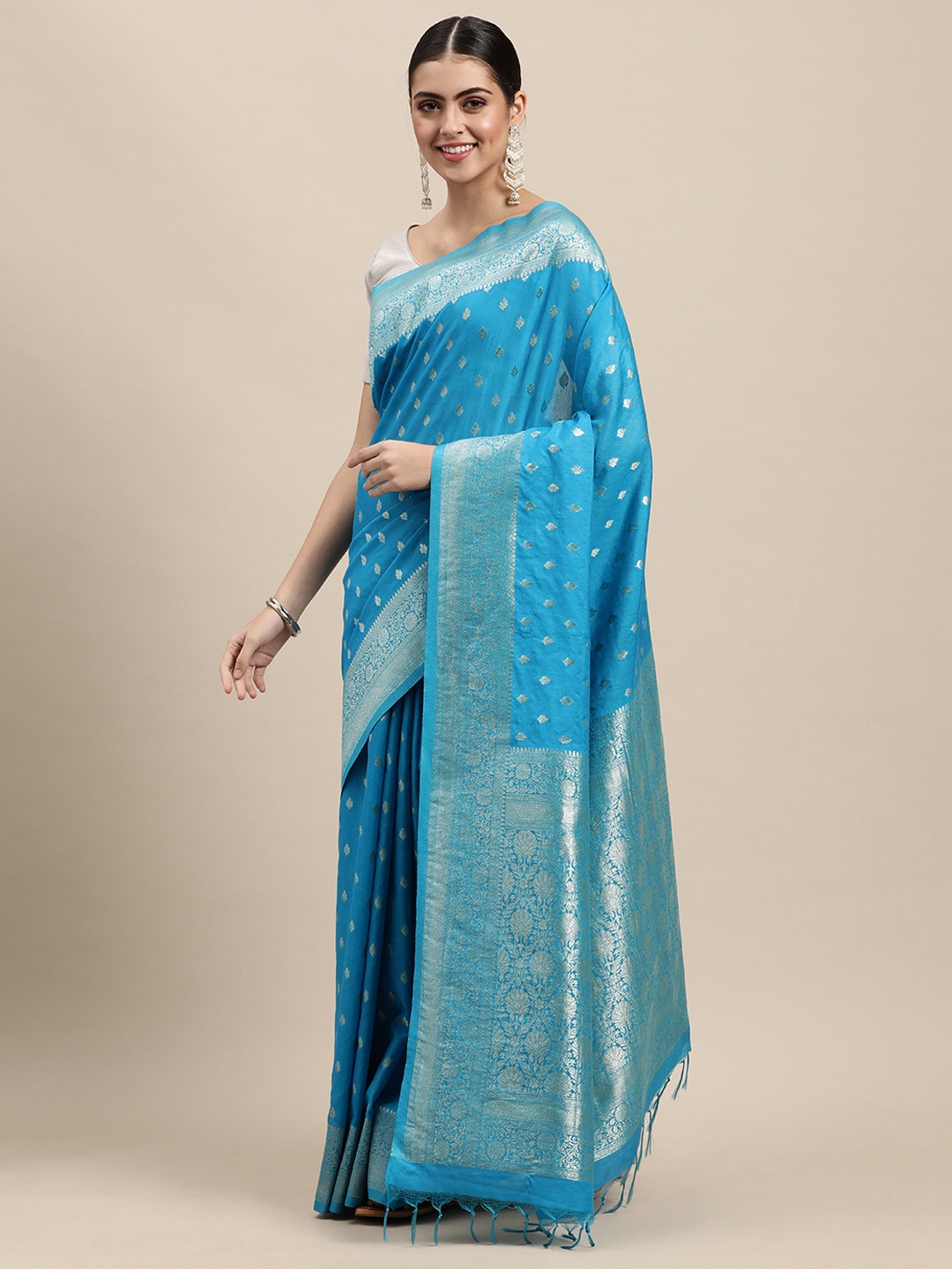 

swatika Turquoise Blue & Silver-Coloured Ethnic Motifs Zari Liva Banarasi Saree