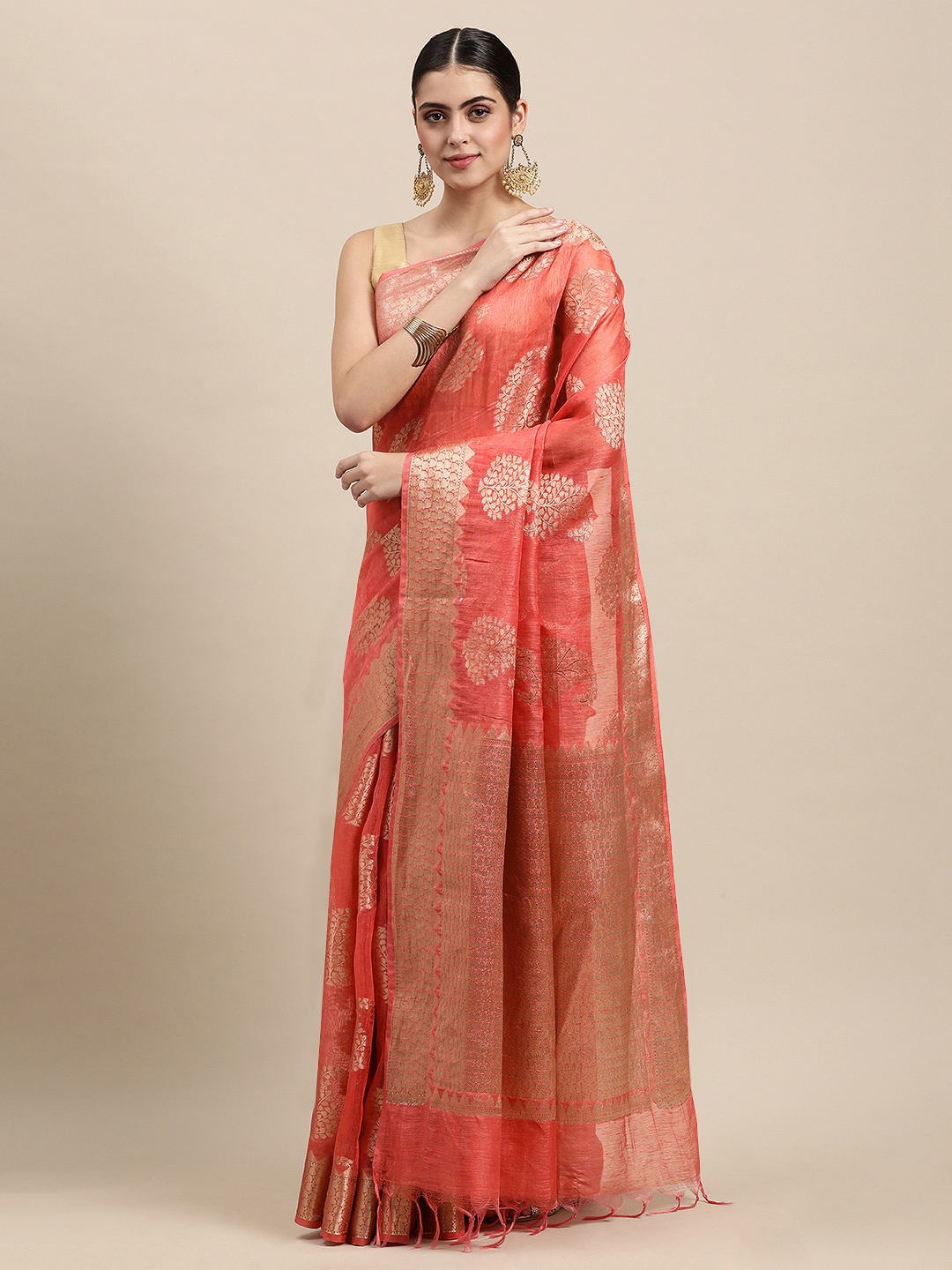 

swatika Peach-Coloured & Golden Zari Woven Pure Linen Banarasi Saree