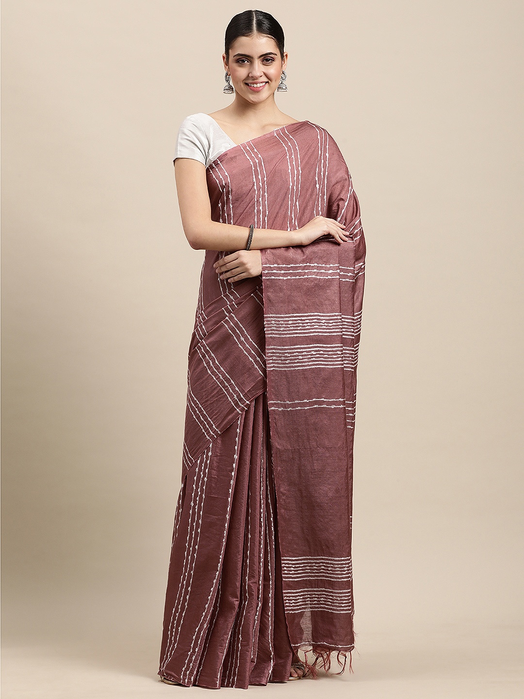 

swatika Brown Striped Zari Silk Blend Muga Saree