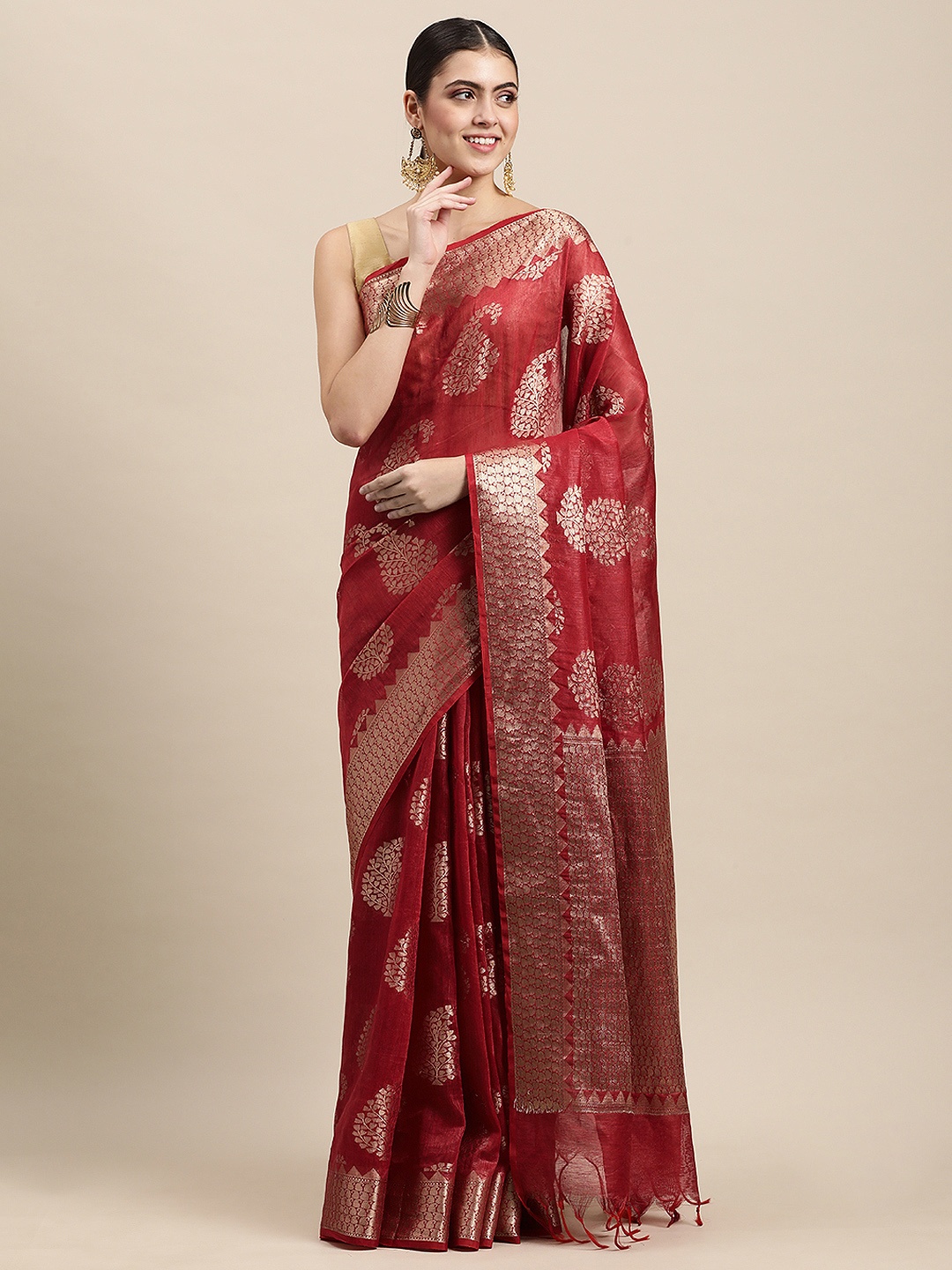 

swatika Red & Gold-Toned Paisley Zari Pure Linen Banarasi Saree