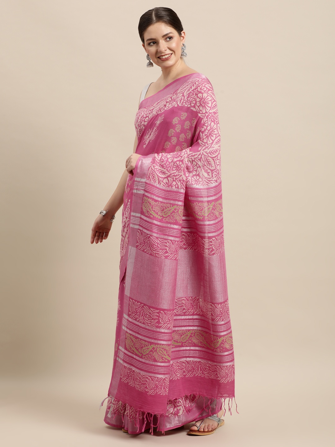 

swatika Pink & Beige Ethnic Motifs Zari Linen Blend Bhagalpuri Saree