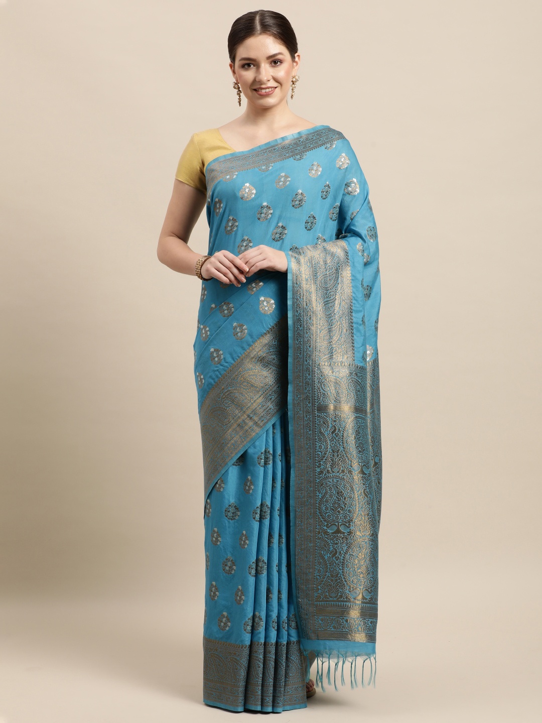 

swatika Blue & Gold-Toned Ethnic Motifs Zari Banarasi Saree
