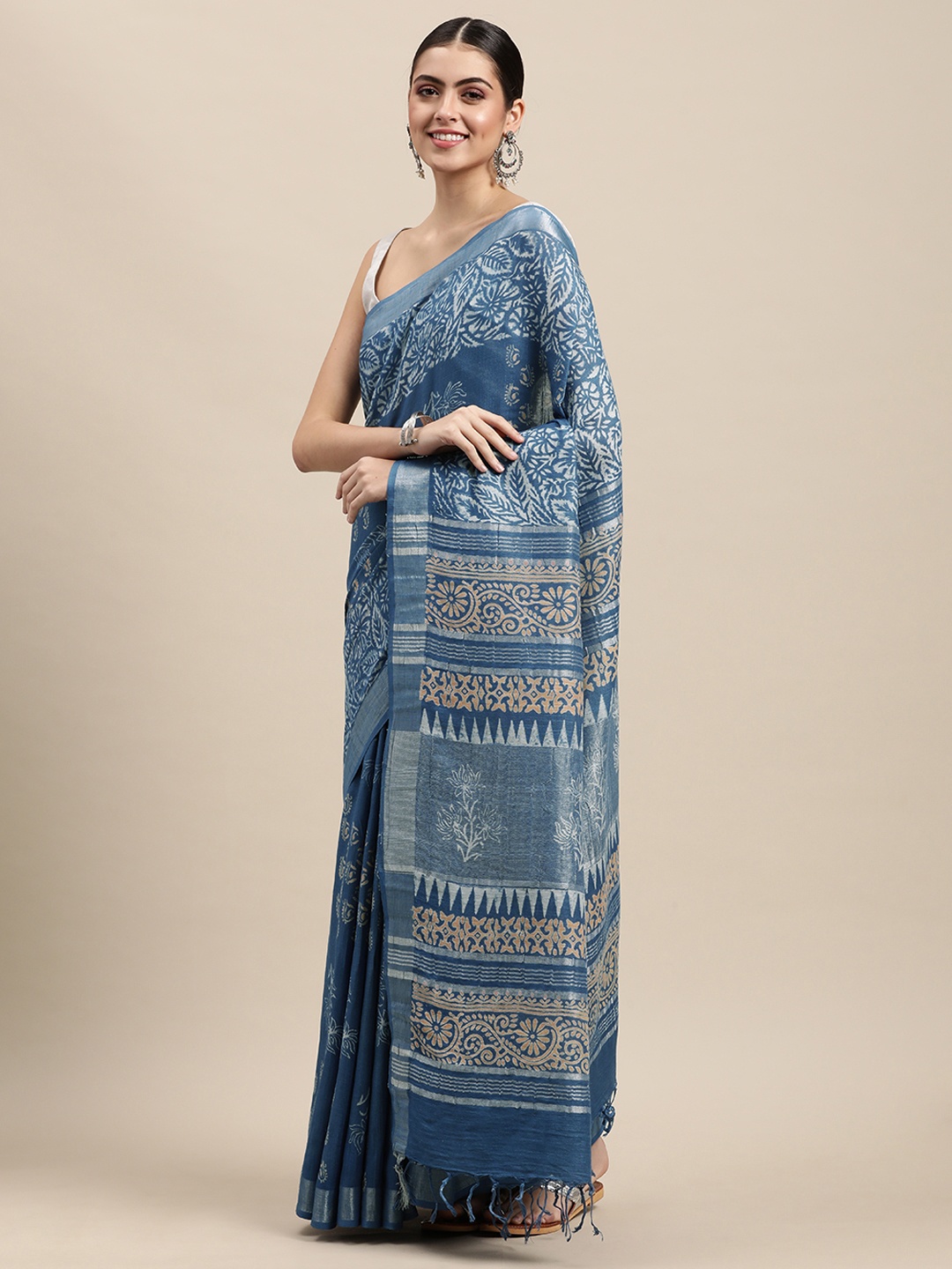 

swatika Blue & White Ethnic Motifs Linen Blend Bhagalpuri Saree