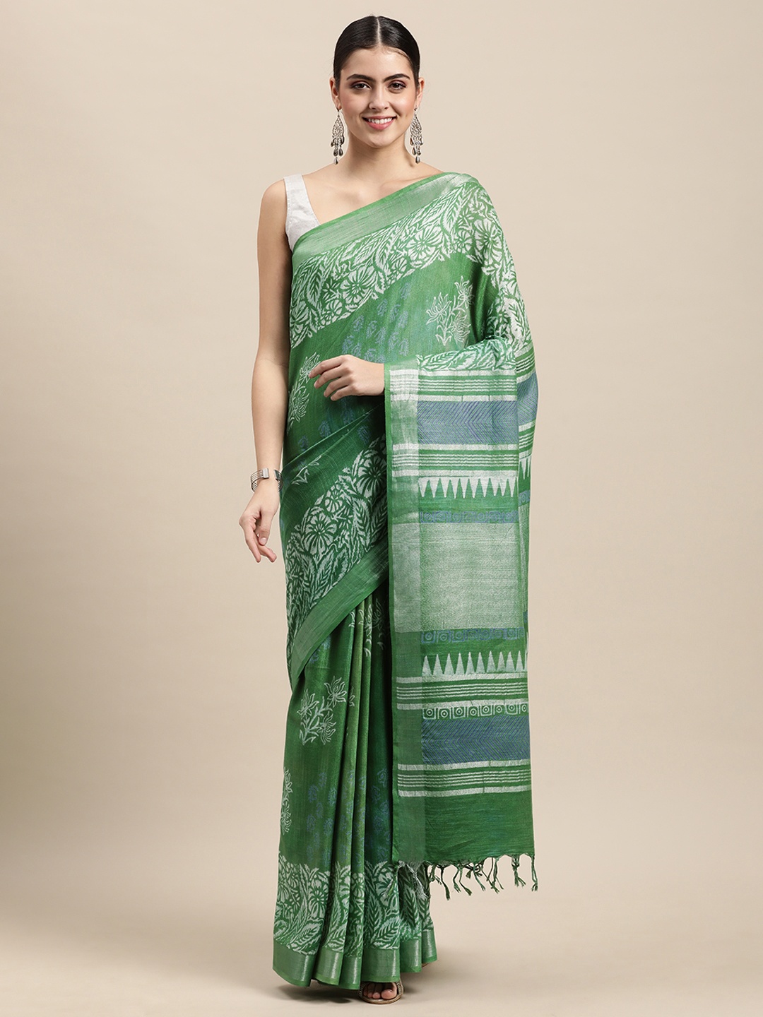 

swatika Green & White Floral Print Zari Woven Linen Blend Bhagalpuri Saree