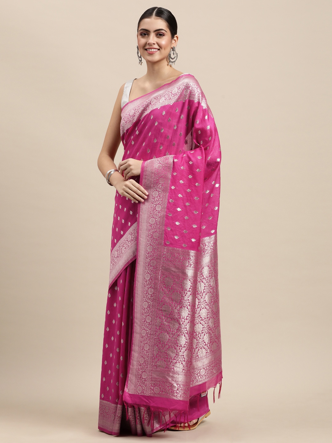 

swatika Pink & Silver-Coloured Ethnic Motifs Zari Liva Banarasi Saree