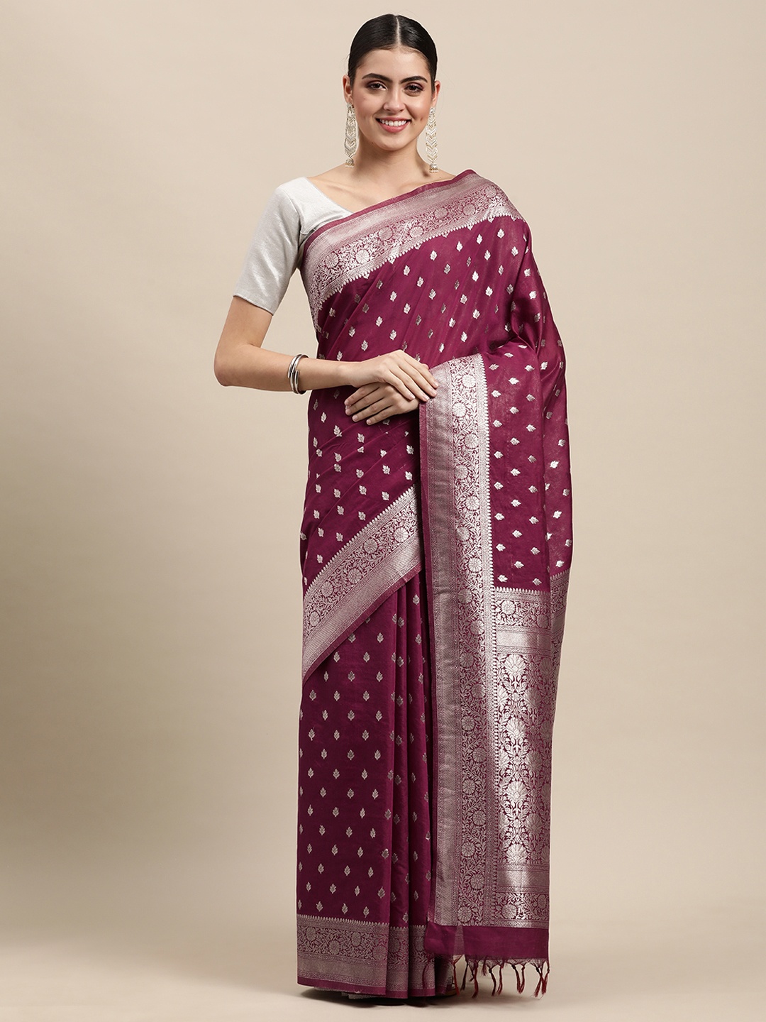 

swatika Purple & Silver-Coloured Ethnic Motifs Zari Liva Banarasi Saree