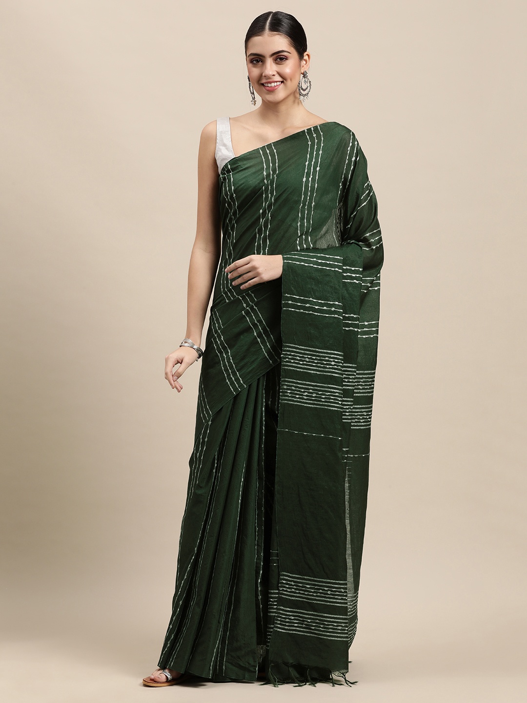 

swatika Green Striped Silk Blend Muga Saree