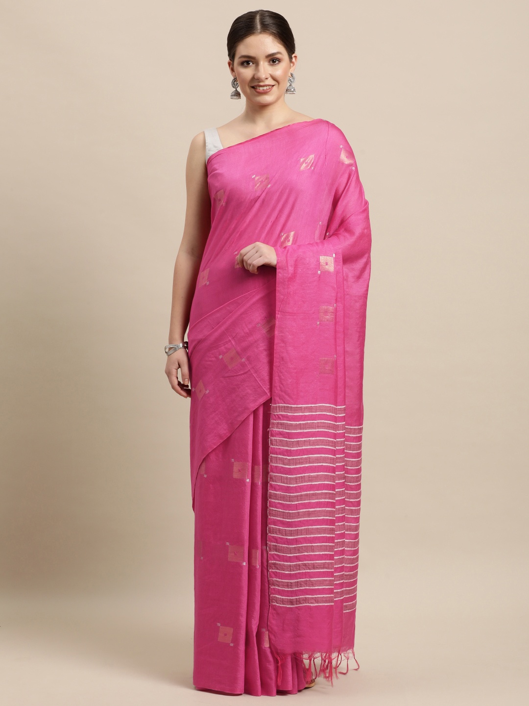 

swatika Pink & Gold-Toned Zari Silk Blend Muga Saree