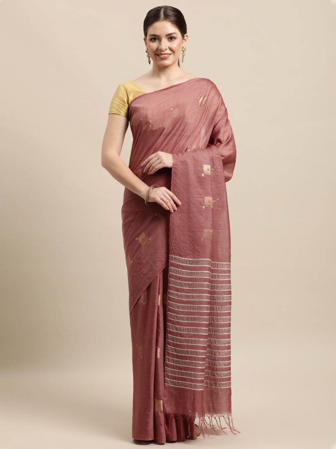 

swatika Brown & Gold-Toned Zari Silk Blend Muga Saree