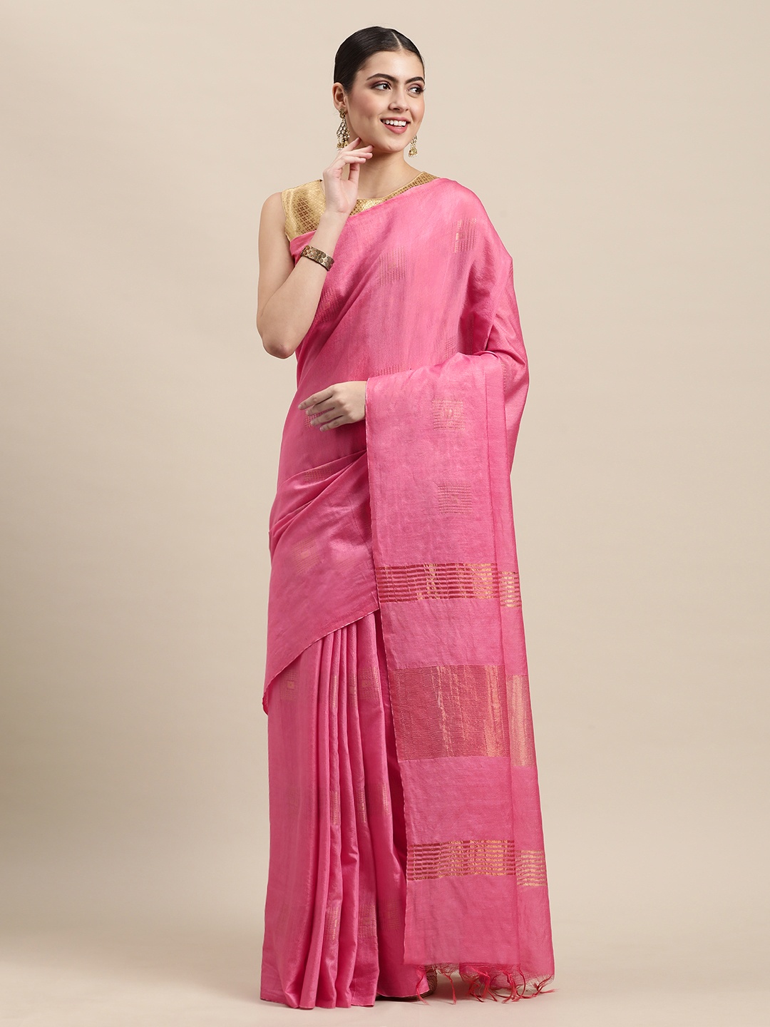 

swatika Pink Zari Silk Blend Muga Saree