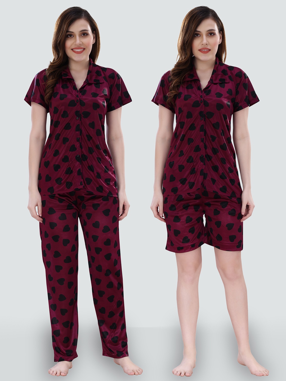 

Romaisa Women 3 Piece Printed Satin Night suit, Magenta