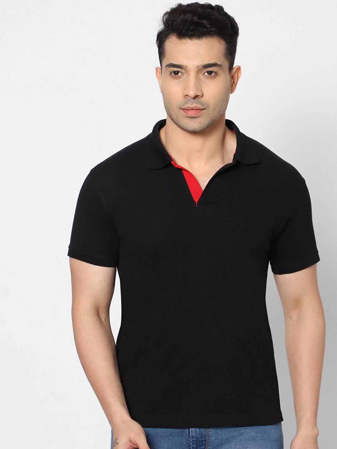 

HJ HASASI Men Black Polo Collar Slim Fit T-shirt